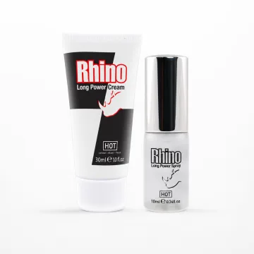 The 30 ml Rhino Long Power Cream tube beside the 10 ml Long Power Spray bottle