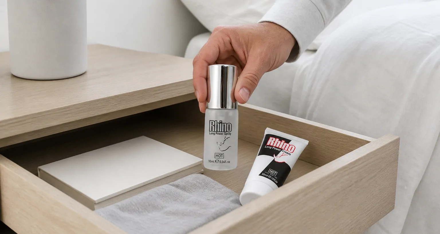 Eine Hand nimmt die Rhino Long Power Spray Flasche aus einer offenen Nachttischlade, daneben liegt die Long Power Creme