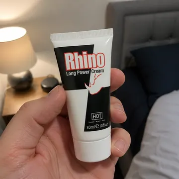 The 30 ml Rhino Long Power Cream tube held in one hand under a bedside lamp